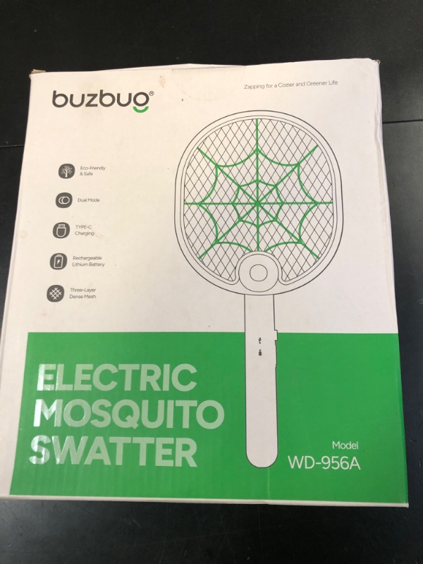 Photo 1 of Buzbug Electric Fly Swatter, Type-C Rechargeable Mosquito Swatter, Foldable, Dual Handheld and Auto Zap Mode, 3800V Powerful Instant Bug Zapper Racket, Mosquito Bat for Indoor Outdoor Camping -WD956A