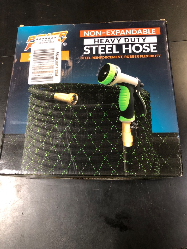 Photo 1 of PowerFlow Garden Hose, NON-EXPANDABLE 25 Feet Premium Quality Stainless Steel Metal Water Hose with Durable Fabric Skin, Hose For Commercial, Residential Use, Bonus 10-way Spray Nozzle (25 Ft, Black)