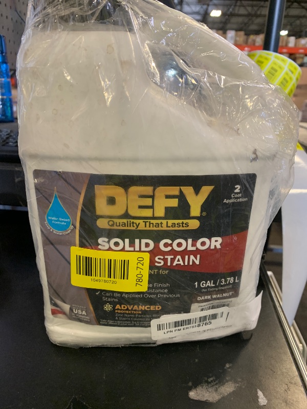 Photo 1 of DEFY Solid Color Wood Stain - Dark Walnut, 1 Gallon - Long-Lasting Deck Paint for Wood and Fence Stain – UV Resistant, Opaque Wood Paint – Ideal for Decks, Fences, Siding, and Outdoor Furniture