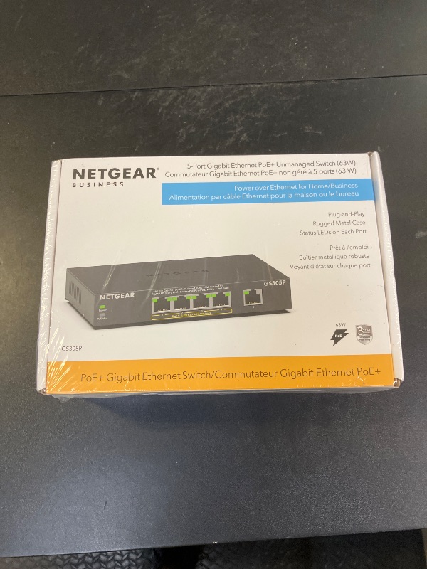 Photo 1 of NETGEAR 5-Port PoE Gigabit Ethernet Unmanaged Essentials Switch (GS305P) - with 4 x PoE+ @ 63W, Desktop or Wall Mount