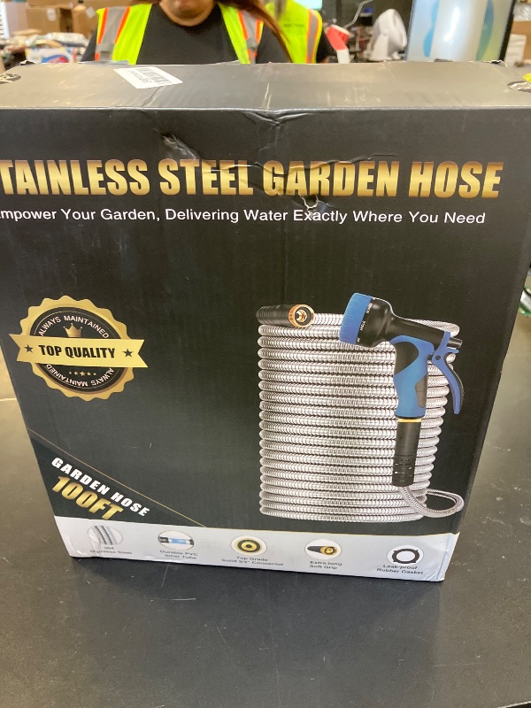 Photo 1 of Lefree Garden Hose 100ft, Metal Garden Hose, Flexible Water Hose with 10-Function Nozzle, Stainless Steel Heavy Duty Hose, Crush Resistant, Leak Proof, No Kinks Garden Hoses for Yard, Outdoors, Rv