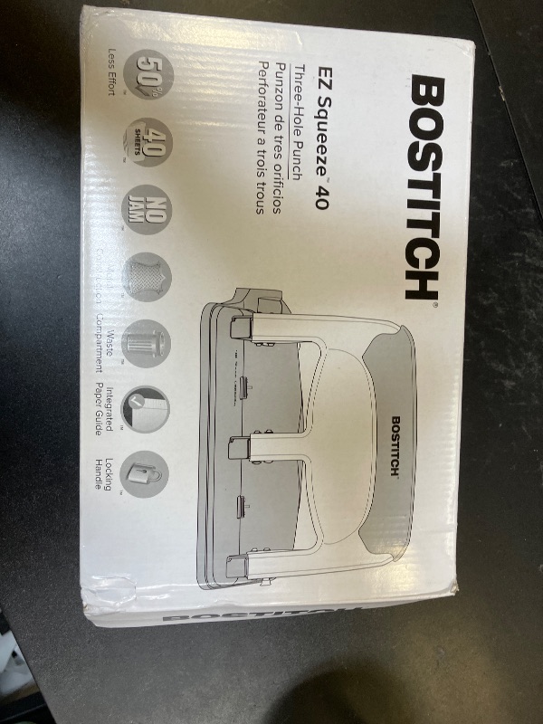 Photo 1 of Bostitch Office EZ Squeeze Heavy Duty 3 Hole Punch, 40-Sheet Capacity, Use Less Force, Perfect for Home Office School Supplies, Sleek Design, Silver