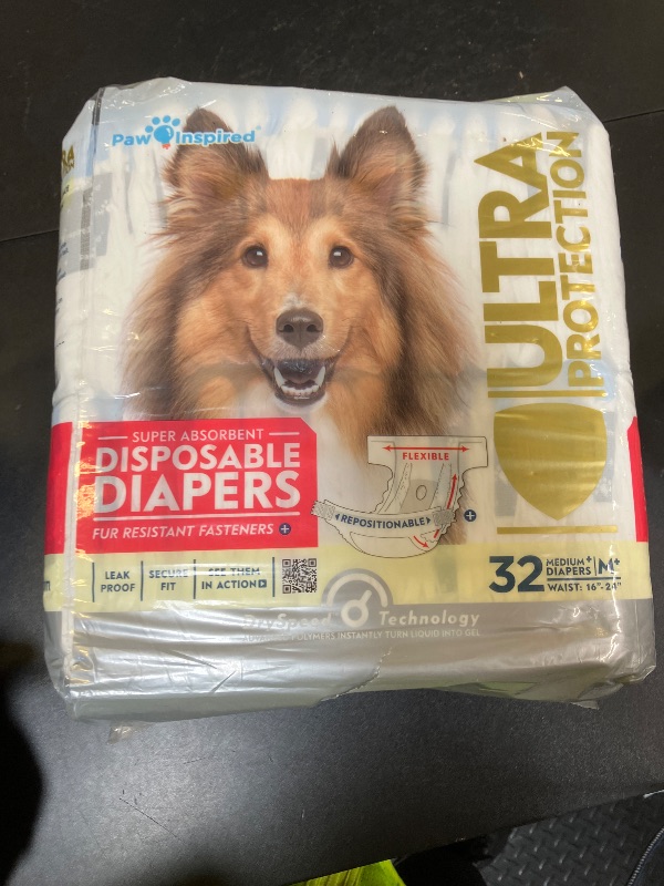 Photo 1 of Paw Inspired 32ct Disposable Dog Diapers | Female Dog Diapers Ultra Protection | Diapers for Dogs in Heat, Excitable Urination, or Incontinence (Medium Plus)