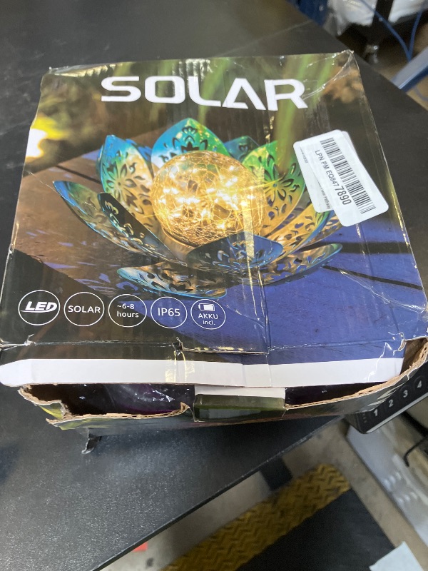 Photo 1 of Huaxu Solar Lights Outdoor Decorative - Bright Blue Lotus Flower Table Lamp, Glass Globe 30 LED Waterproof Metal Decorations Gifts for Mom Women Garden Patio Pathway Yard Balcony Outside Decor