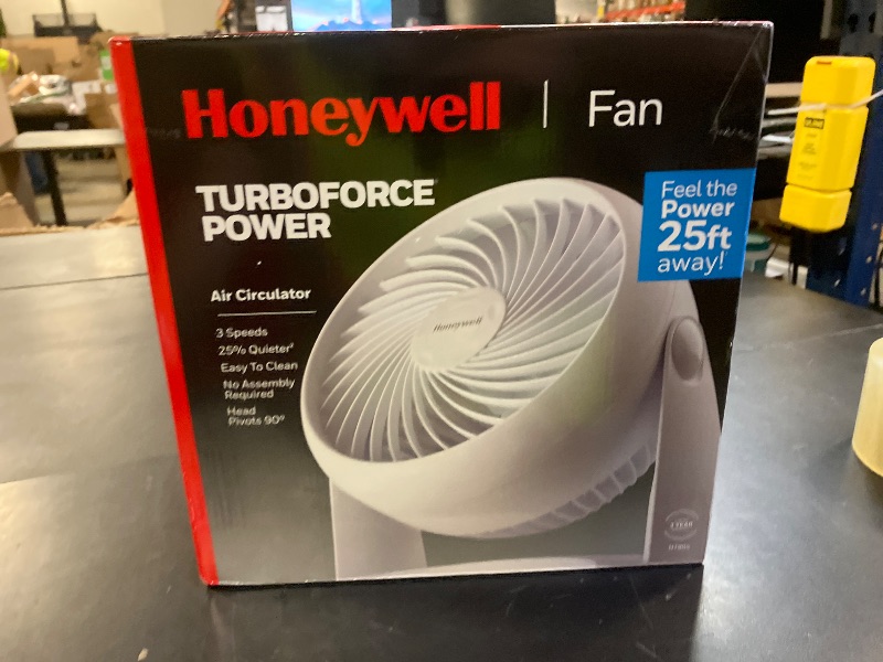 Photo 1 of Honeywell TurboForce Air Circulator, Small Tabletop Fan, Quiet Personal Fan for Home or Office, 3 Speeds, 90 Degree Pivoting Head, White, HT-904