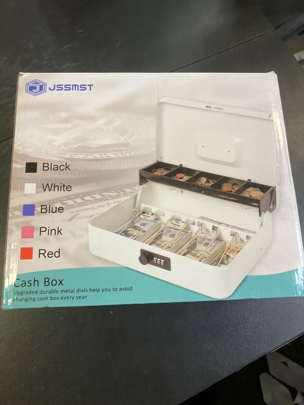 Photo 1 of Jssmst Locking Large Metal Cash Box with Money Tray, Money Box with Combination Lock, Black