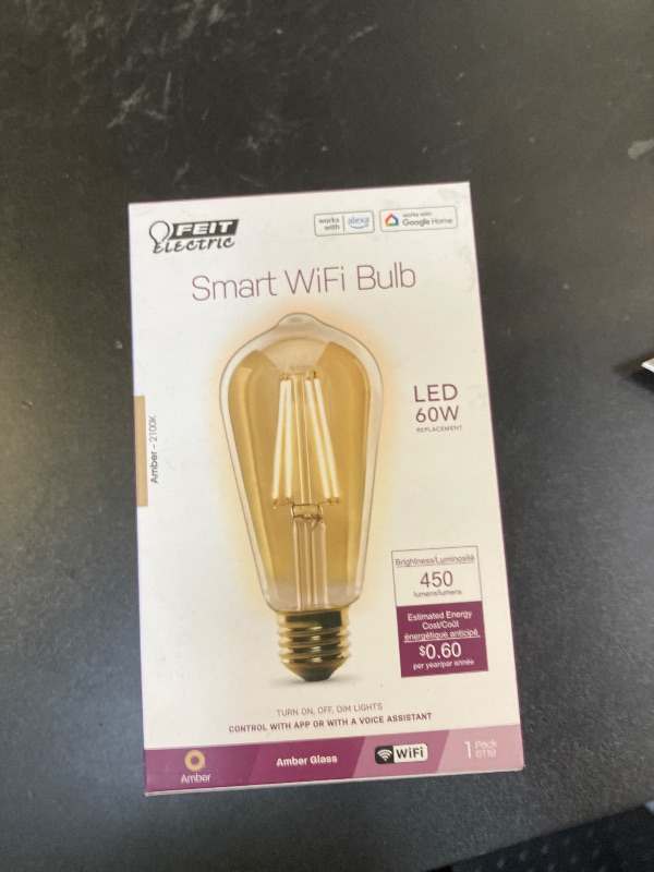 Photo 1 of Feit Electric ST1960/FIL/AG 60 Watt Equivalent WiFi Dimmable, No Hub Required, Alexa or Google Assistant ST19 Edison Vintage LED Smart Light Bulb, Yellow, 5.4" H x 2.5" D, 2100K Amber