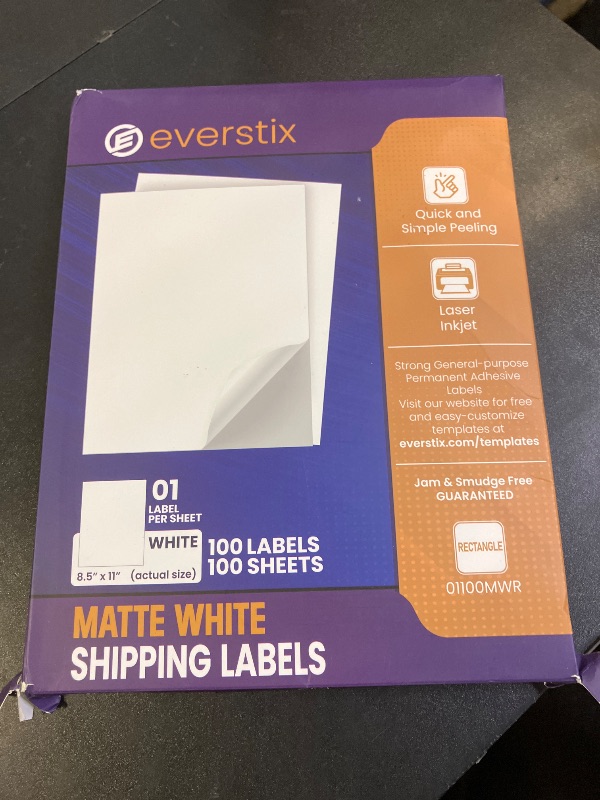 Photo 1 of Everstix 8.5" x 11", 100 Sheets, 100 Printable White Sticker Paper, Full Sheet Shipping Labels for Laser & Inkjet Printers, Letter Size