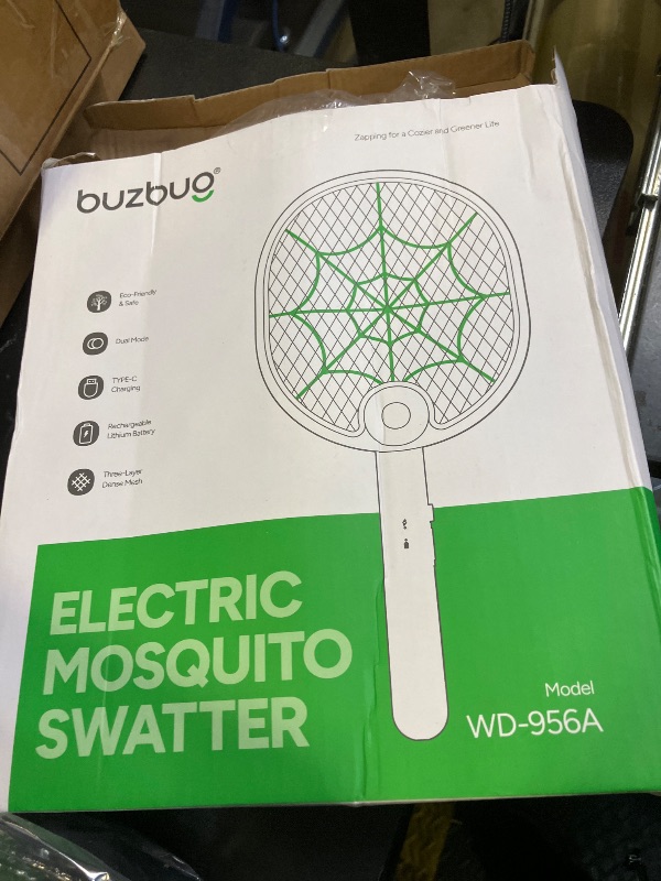 Photo 1 of Buzbug Electric Fly Swatter, Type-C Rechargeable Mosquito Swatter, Foldable, Dual Handheld and Auto Zap Mode, 3800V Powerful Instant Bug Zapper Racket, Mosquito Bat for Indoor Outdoor Camping -WD956A