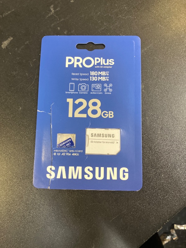 Photo 1 of Samsung PRO Plus microSD Memory Card + Adapter, 128GB microSDXC, Up to 180 MB/s, Full HD & 4K UHD, UHS I, C10, U3, V30, A2, for Android Smartphones, Tablets, GoPRO, and DJI Drone (MB MD128SA/AM)