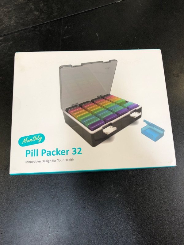 Photo 1 of Fullicon Monthly Pill Organizer 1 Time a Day with 32 Compartments, 30 Day Pill Organizer with Labels, Portable Medicine Pill Organizer for Vitamin, Fish Oil, Supplements (Black/Rainbow)