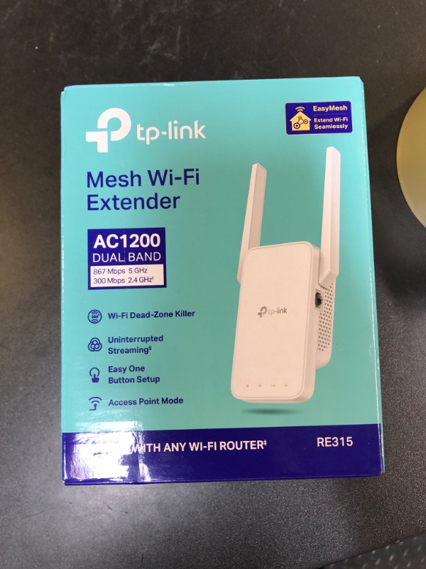 Photo 1 of TP-Link AC1200 WiFi Extender, 2025 Wirecutter Best WiFi Extender, 1.2Gbps Home Signal Booster, Dual Band 5GHz/2.4GHz, Up to 1600 Sq.ft and 32 Devices, EasyMesh Compatible, One Ethernet Port (RE315)