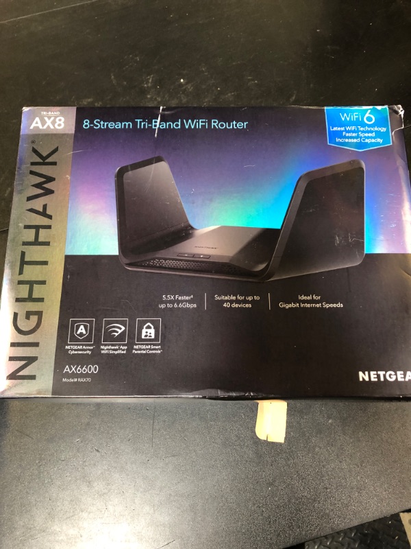 Photo 1 of NETGEAR Nighthawk 8-Stream WiFi 6 Router (RAX70) - Security Features, AX6600 Tri-Band Wireless Speed (up to 6.6 Gbps) - Coverage up to 2,500 sq. ft., 40 Devices