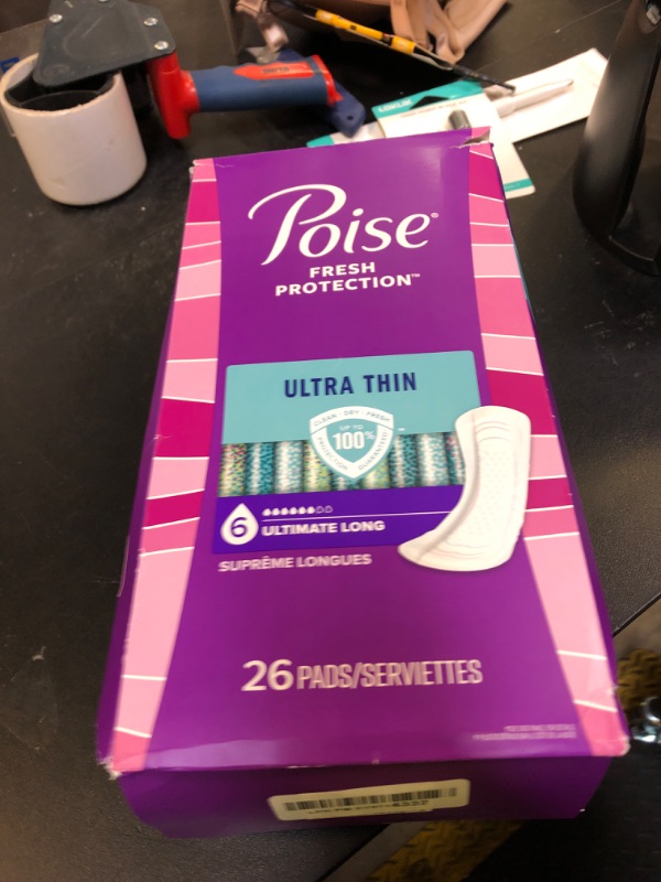 Photo 1 of Poise Ultra Thin Incontinence Pads & Postpartum Pads for Bladder Leaks, 6 Drop Ultimate Absorbency, Long Length, 26 Count, Packaging May Vary