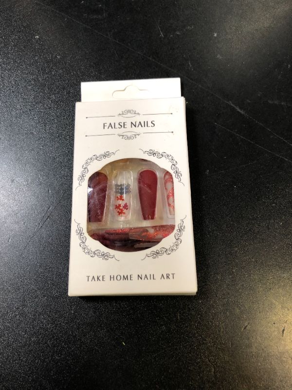 Photo 1 of Hkanlre Red Press on Nails Tips Coffin Long Leaf Fake Nails Bling Full Cover Ballerina Rhinestones False Nails for Women and Girls 24PCS