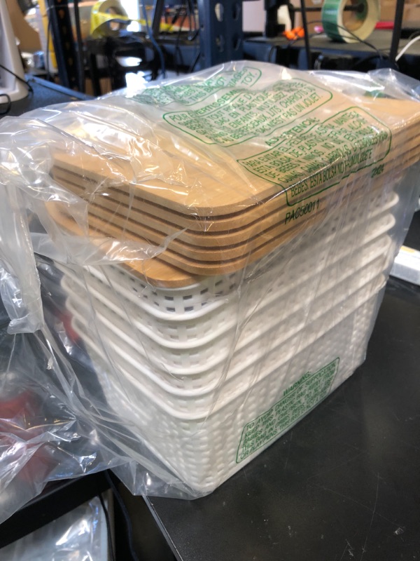 Photo 1 of Bagnizer Small Plastic Storage Bins with Bamboo Lids 5.2qt Stackable Box Basket Pantry Decorative Containers Cute with Lable for Organizing Desktop Closet Office Cream White of 6 packs 10*7.2*4.1'’