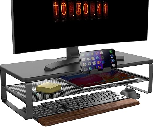 Photo 1 of Monitor Stand with drawer, 2-Tier Monitor Stand Riser with Phone Holder and Cable Management - Desk TV Shelf, Laptop Printer, Desk Organizer Stand, for Home & Office, Black
