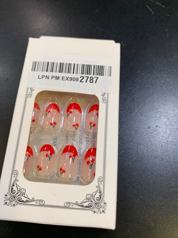 Photo 1 of Cute Press on Nails Short Almond French Tip Fake Nails Full Cover Petite False Nails with Cherry Designs Red Glossy Glue on Nails Acrylic Nails Manicure Artificial Nails for Women Girls 24Pcs