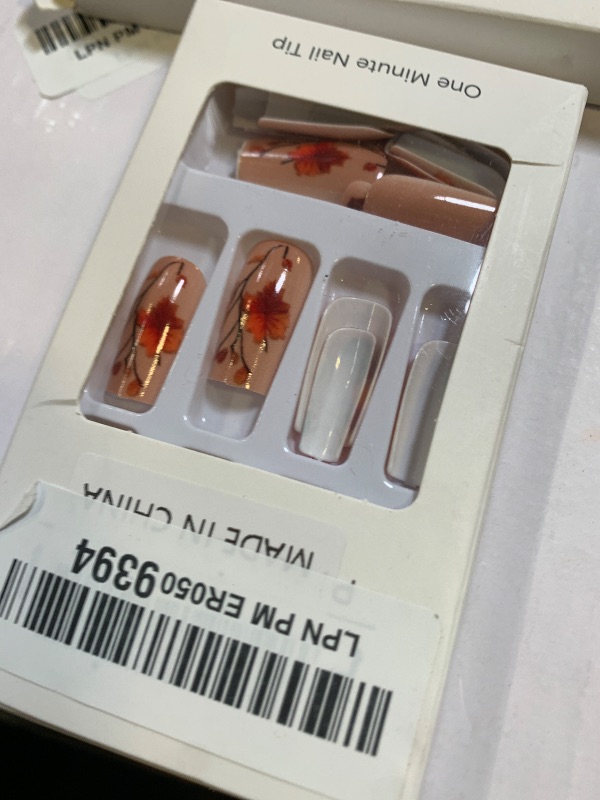 Photo 1 of Vopintpy Fall Press on Nails Long Square Thanksgiving Fake Nails Autumn Maple Leaf Acrylic Glue on Nail Glossy Reusable Maple Leaves Stick on Nail for Women DIY Manicure