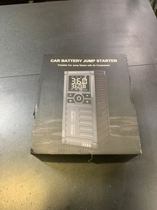 Photo 1 of Car Battery Jump Starter with Air Compressor - 4500A 150PSI Portable Car Jump Starters (9.0 Gas/8L Diesel) with Tire Inflator, 12V Car Battery Jump Box with Jumper Cables, LCD Display, LED Light