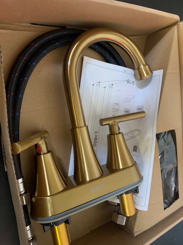 Photo 1 of Bathroom Faucets for Sink 3 Hole, Hurran Brushed Gold Bathroom Sink Faucet with Pop-up Drain and Supply Lines, Stainless Steel Lead-Free Widespread Faucet for Vanity RV Farmhouse Sink