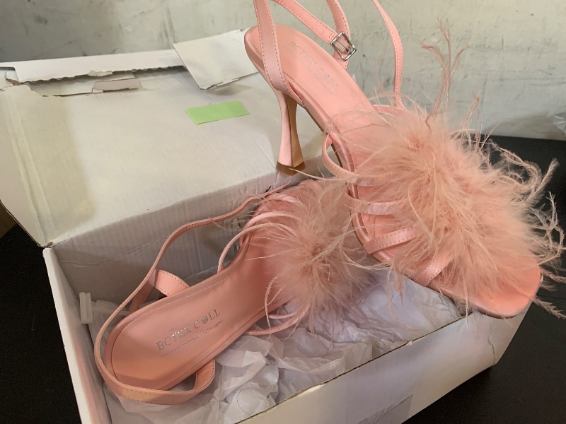 Photo 1 of BCTEX COLL Women's Heeled Sandals Fluffy Feather Square Open Toe Ankle Strap Sexy Stiletto High Heels for Wedding Party Dance Evening, Pink, Size 6.5