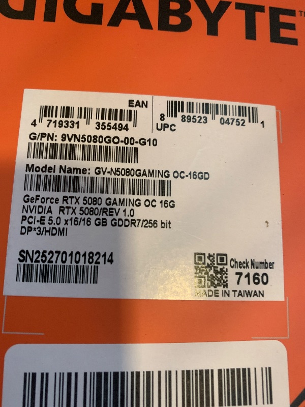 Photo 1 of GIGABYTE GeForce RTX 5080 Gaming OC 16G Graphics Card, WINDFORCE Cooling System, 16GB 256-bit GDDR7, GV-N5080GAMING OC-16GD Video Card