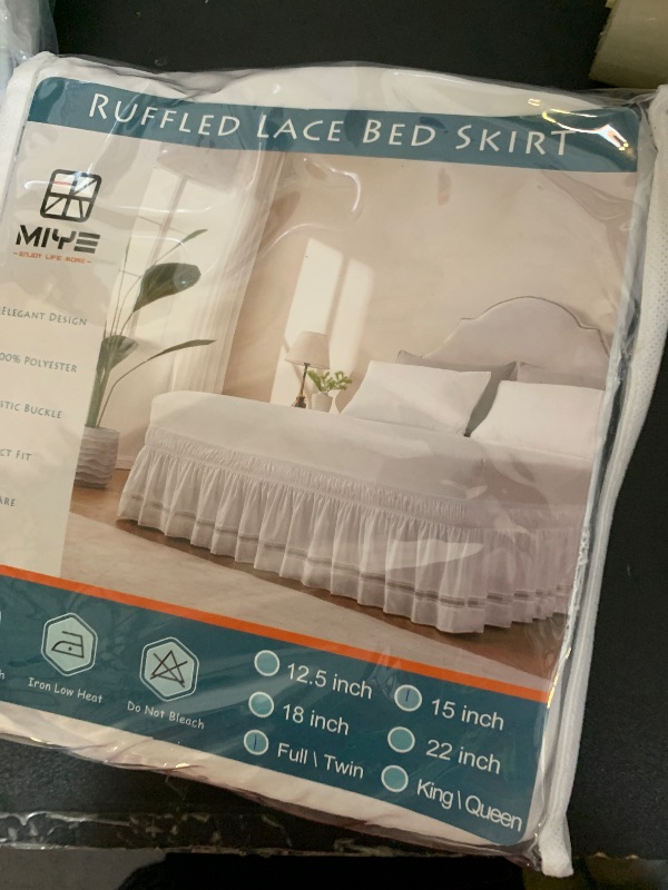 Photo 1 of MIYE Wrap Around Ruffled Lace Bed Skirt, Elastic Dust Ruffle with Adjustable Belts,15 Inch Drop Easy to Put On, Bed Frame Cover, Machine Washable (Ruffled Lace, Full/Twin-15)
