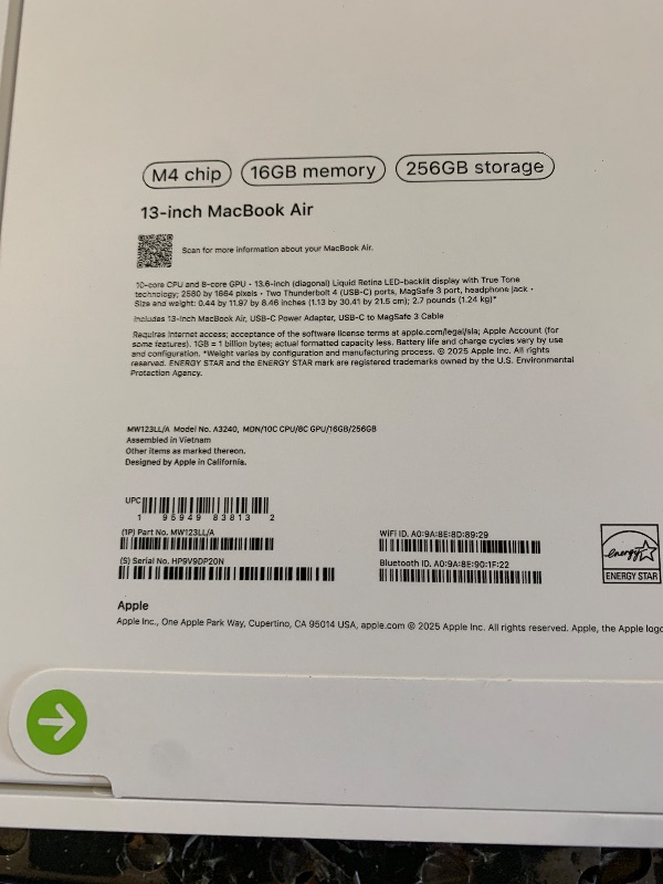 Photo 1 of Apple 2025 MacBook Air 13-inch Laptop with M4 chip: Built for Apple Intelligence, 13.6-inch Liquid Retina Display, 16GB Unified Memory, 256GB SSD Storage, 12MP Center Stage Camera, Touch ID; Midnight