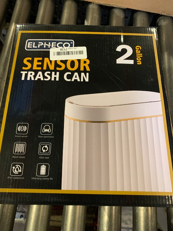 Photo 1 of ELPHECO Automatic Motion Sensor Trash Can - 2 Gallon Slimline for Bathroom, Bedroom, Kitchen, Office - White with Gold Trim