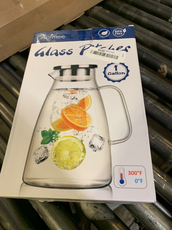 Photo 1 of 1 Gallon 128oz Glass Pitcher, Water Pitcher with Lid and Spout, Glass Carafe for Hot/Cold Drink, Water Jug for Iced Tea, Coffee, Juice, Milk, Beverage (Extra-Wide Mouth)