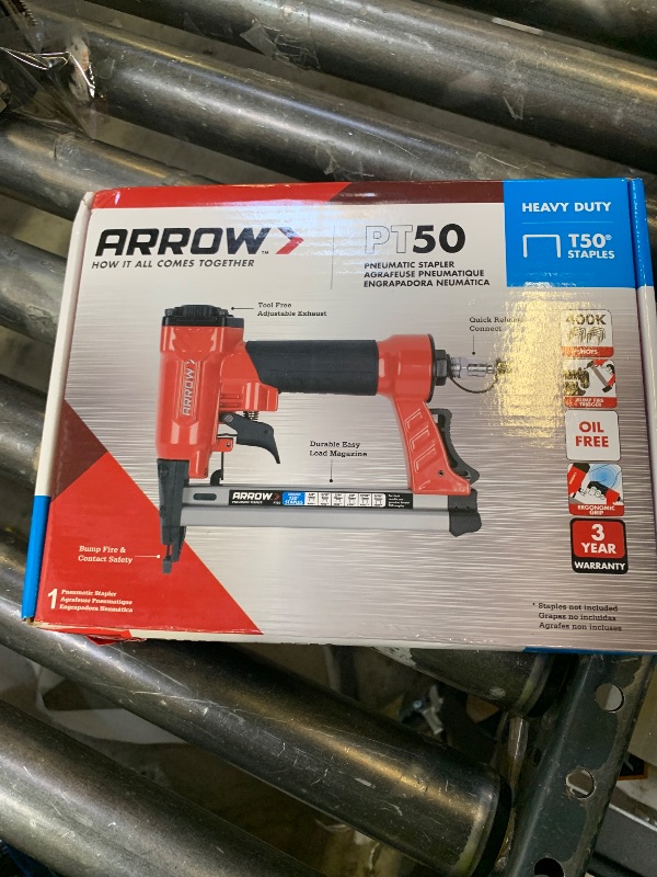 Photo 1 of Arrow PT50 Oil-Free Pneumatic Staple Gun, Professional Heavy-Duty Stapler for Wood, Upholstery, Carpet, Wire Fencing, Fits 1/4”, 5/16”, 3/8", 1/2", 9/16” Staples , Red