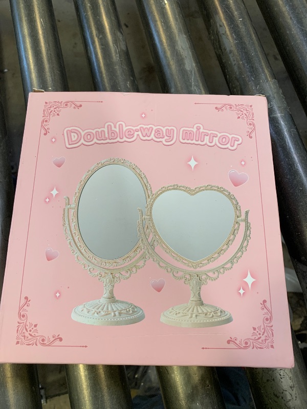 Photo 1 of JDPEYI Heart Shaped Cute Vanity Princess Mirror for Desk,Double-Sided Rotatable Table with Stand Downtown Girl Room Coquette Decor (Pink)