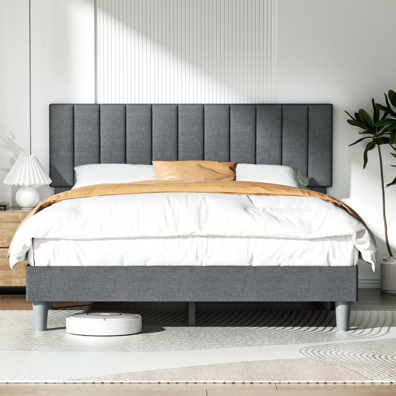 Photo 1 of BabyQueen Upholstered Queen Bed Frame with Headboard, Gray Fabric Queen Size Platform Bed Frame with Wood Slat Support for Bedroom, Mattress Foundation for Adults, No Box Spring Needed
