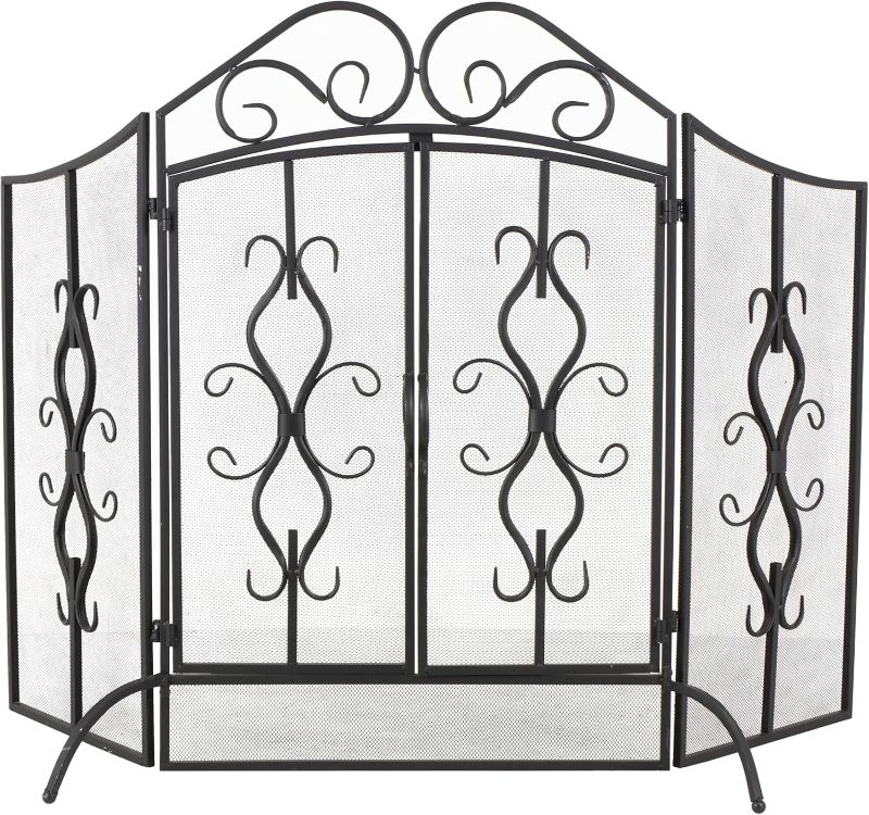 Photo 1 of Deco 79 Metal Scroll Foldable Mesh Netting 3 Panel Fireplace Screen, 60" x 24" x 40", Gray