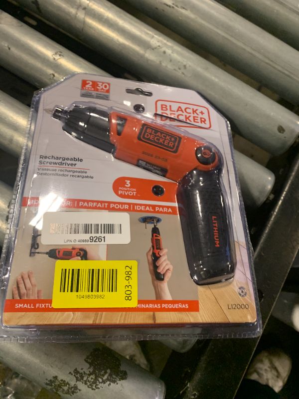 Photo 1 of BLACK+DECKER Electric Screwdriver, Cordless, 180 RPM, 3.6V, Spindle Lock with Pivoting Handle, Charger and 2 Hex Shank Bits Included (Li2000)