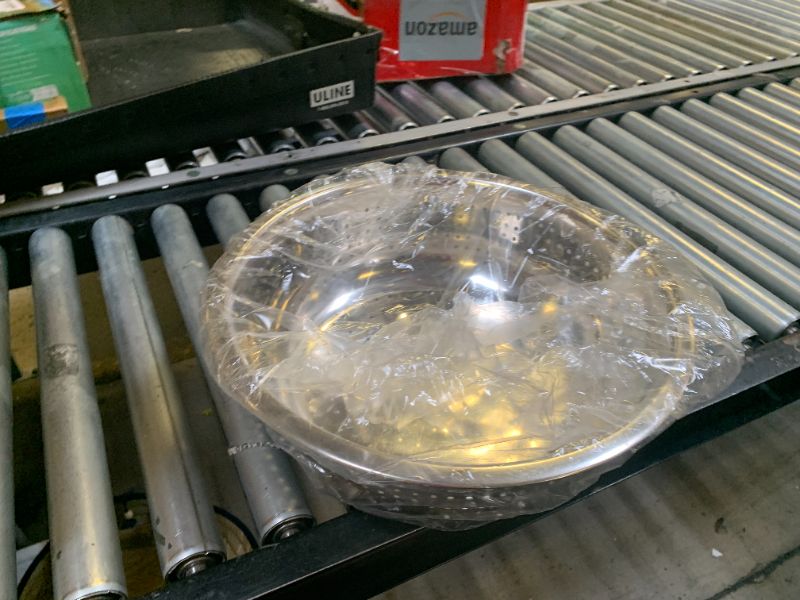 Photo 1 of Thunder Group SLCIL15L Chinese Colander, 15" Dia., Round, Perforated, 4.5 mm Holes, Rimmed, Stainless Steel. Mirror Finish, Silver