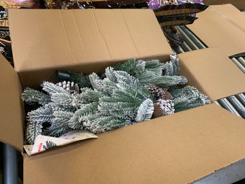 Photo 1 of 4 FT Snow Flocked Christmas Tree with 455 PE&PVC Mixed Branch Tips,Unlit Artificial Skinny Pencil Christmas Tree with 19 Pine Cones,Hinged Premium Xmas Slim Fir Trees for Home,Office,Party Decoration