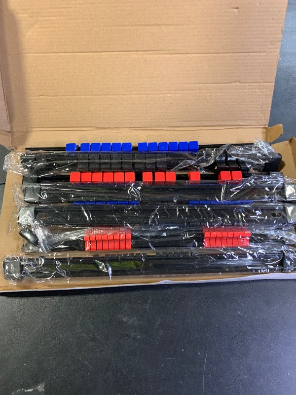 Photo 1 of Socket Organizer Holder Tool Box: 9-Piece Socket Holders 1/4 X 48 Clips 3/8 X 45 Clips 1/2 X 36 Clips Socket Rail Heavy Duty Holder w Socket Labels Socket Organizer for Tool Box Drawer(Red&Blue&Black)