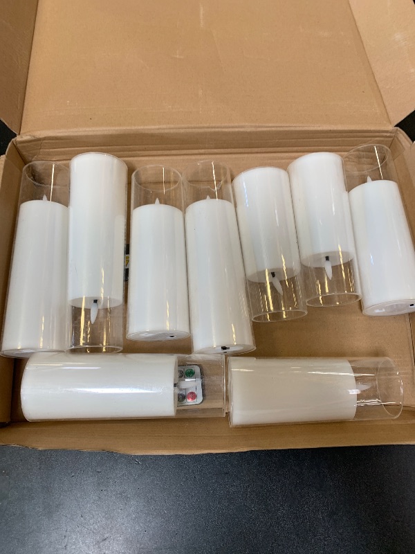 Photo 1 of kakoya Flickering Flameless Candles Battery Operated with Remote and 2/4/6/8 H Timer Plexiglass Led Pillar Candles Pack of 9 (D2.3"xH 6"7"8")with Realistic Moving Wick Candles for Home Decor(White)