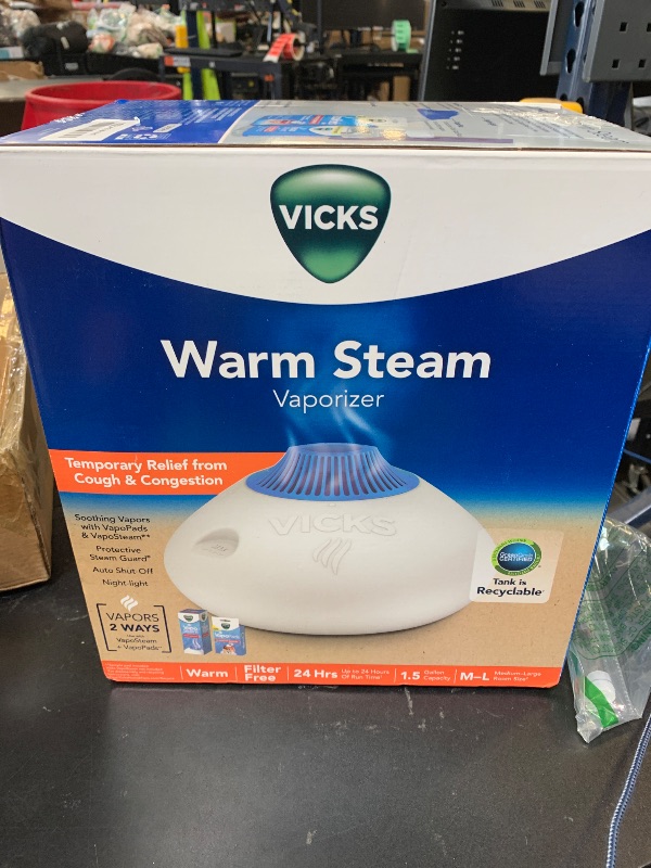 Photo 1 of Vicks Warm Steam Vaporizer, Small to Medium Rooms, 1.5 Gallon Tank – Warm Mist Humidifier for Baby and Kids Rooms with Night Light, Works with Vicks VapoPads and VapoSteam