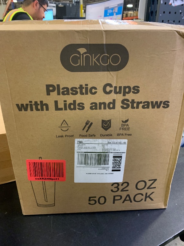 Photo 1 of Ginkgo 32 oz Clear Plastic Cups with Lids and Jumbo Straws, Disposable To Go Iced Coffee Cups for Smoothie, Boba Milk Tea - 50 Pack