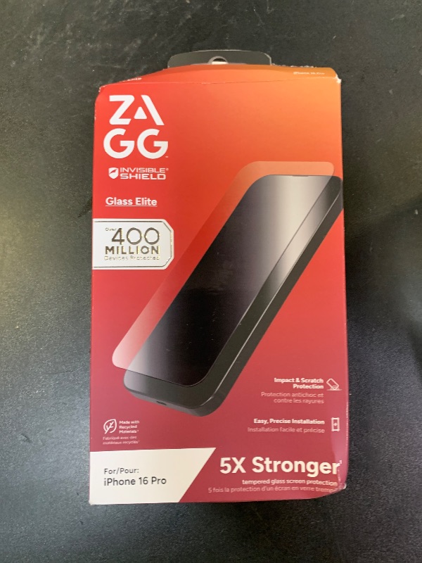 Photo 1 of ZAGG Glass Elite Screen Protector for iPhone 16 Pro - 5X Stronger, Reinforced Edges, Ultra-Strong Tempered Glass, Scratch Resistant, Anti-Smudge, Easy Installation, InvisibleShield, Eco-Friendly
