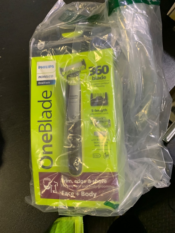 Photo 1 of Philips Norelco OneBlade 360 Hybrid Blade for Face + Body, Electric Beard Trimmer, Shaver and Groomer, with 360 Blade Technology, 5in1 Adjustable Comb, 1x Body Kit, Model QP2834/70, Black/Lime Green