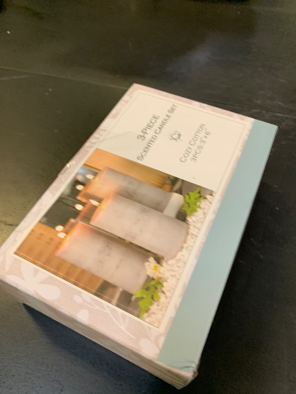 Photo 1 of Immeiscent 3x6 inch Pillar Candles Cozy Cotton Scented Set of 3 Gray White Layered Mottled Aromatherapy Candles for Weddings Home Wall Shelf Decorations Yoga Spa Dinner Table