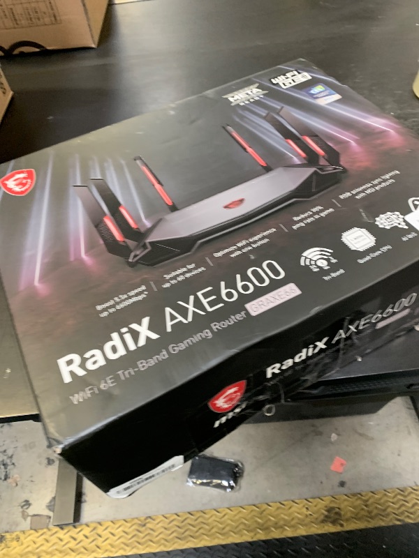 Photo 1 of MSI Radix AXE6600 WiFi 6E Tri-Band Gaming Router, AI QoS, RGB, 1.8GHz Quad-Core Processor, MU-MIMO, Gigabit Wireless, 8-Stream, High Speed Long Range