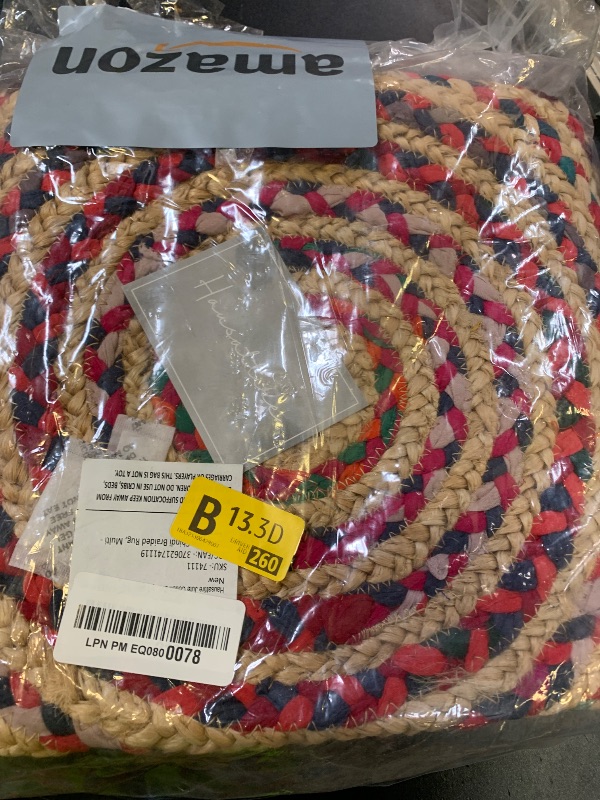 Photo 1 of Hausattire Bohemian Braided Rug 3' Round - Multi Color, Small Farmhouse Jute Cotton Area Rag Rugs for Kids Bedroom, Playroom | Colorful Circle Hand Woven Cute Accent Mat