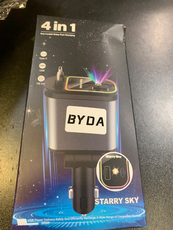 Photo 1 of 4 in 1 Retractable Car Charger for iPhone,69W USB-C Fast Car Charger with Starry Light, for Car Charger Adapter iPhone16/15/14/13/12,Android,Pixel,Cigarette Lighter Adapter(ForLightning+USB-C)