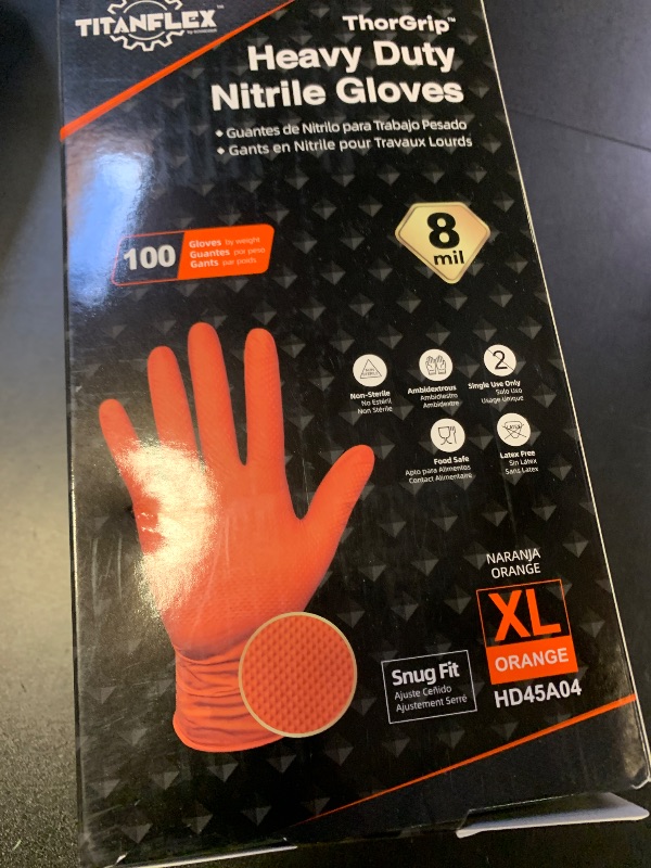 Photo 1 of TitanFlex Heavy Duty Industrial Orange Nitrile Gloves, 8-mil, Gloves Disposable Latex Free with Raised Diamond Texture Grip, Powder Free, Rubber Glove, Mechanic Gloves,100-ct Box (XL)
