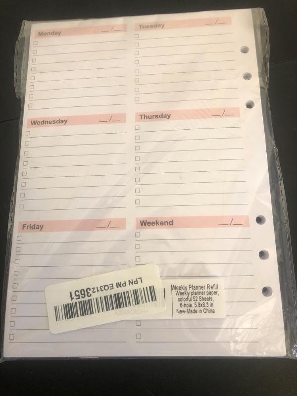 Photo 1 of Weekly Planner Refills for A5 Binders - 53 Sheets/106 Pages Undated Colorful Weekly Planner, 6-Hole Punched, 100 gsm White Paper, Lasts 1 Year, Undated, 5.8" x 8.3"